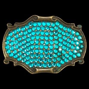 Vintage Brass Belt Buckle with Blue Turquoise Rhinestones‎ by JOOMI JOOLZ - USA